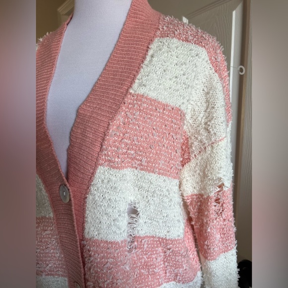 Entro Pink & White Striped Textured Knit Cardigan - Picture 6 of 9